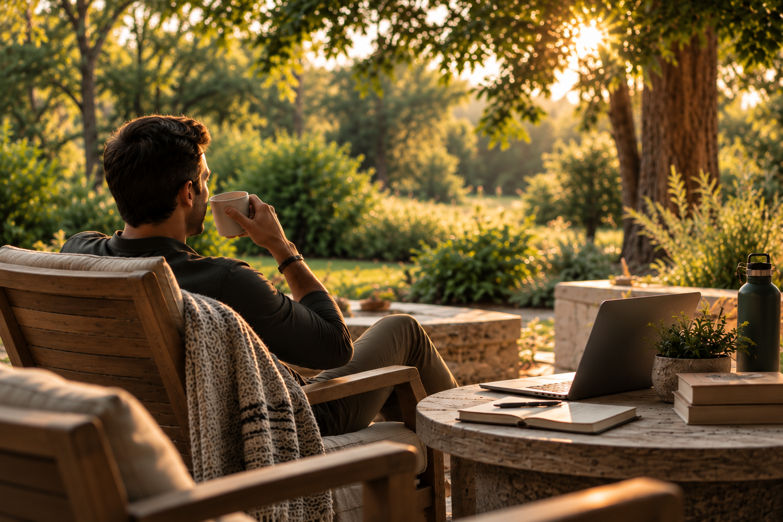 A man relaxing with a mug in a wooden garden chair, a journal, laptop, and books nearby on a sunlit terrace